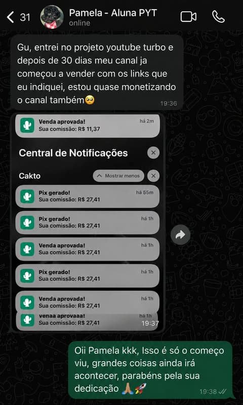 Depoimento Pamela — canal vendendo com links de afiliado em 30 dias